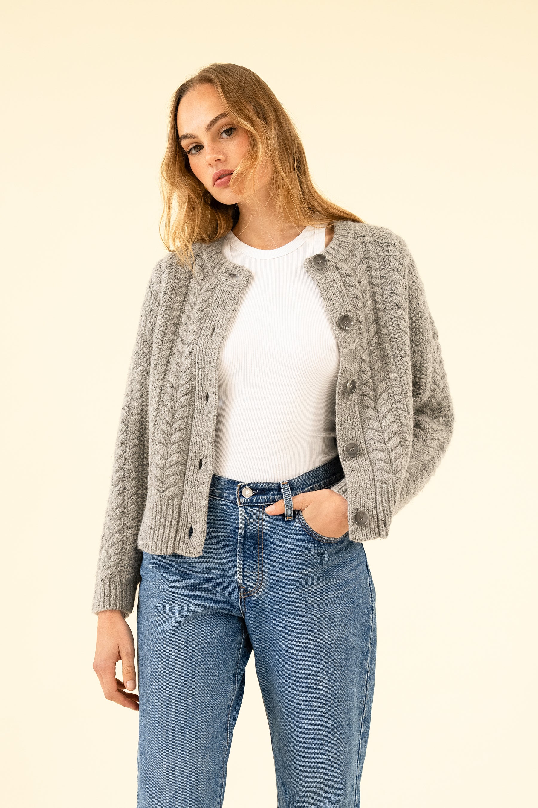 V Neck Sweater Beige Collar Knit Cardigan SLOAN CARDIGAN GREY